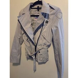 Blauer USA Womens Light Grey Belted Moto Jacket Asymmetrical Zip Utility Coat
